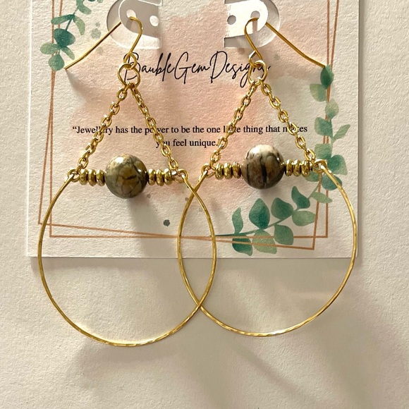 Picasso Jasper Natural Stones Hoop Earrings-Gold plated chain in hook earrings - Picture 2 of 2